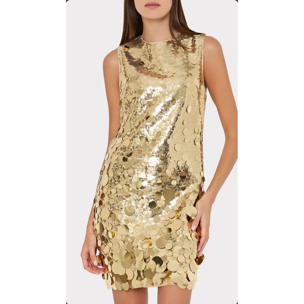 Milly Ivette Cascading Pailette Sleeveless Shift Mini Dress Gold Sequins Size 10